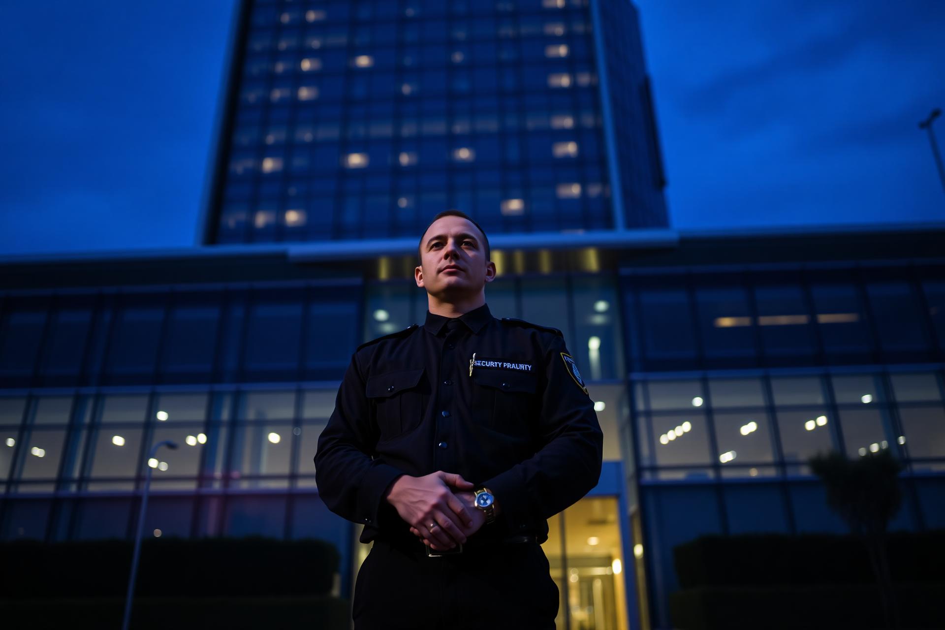 Professional security guard on duty at a corporate building